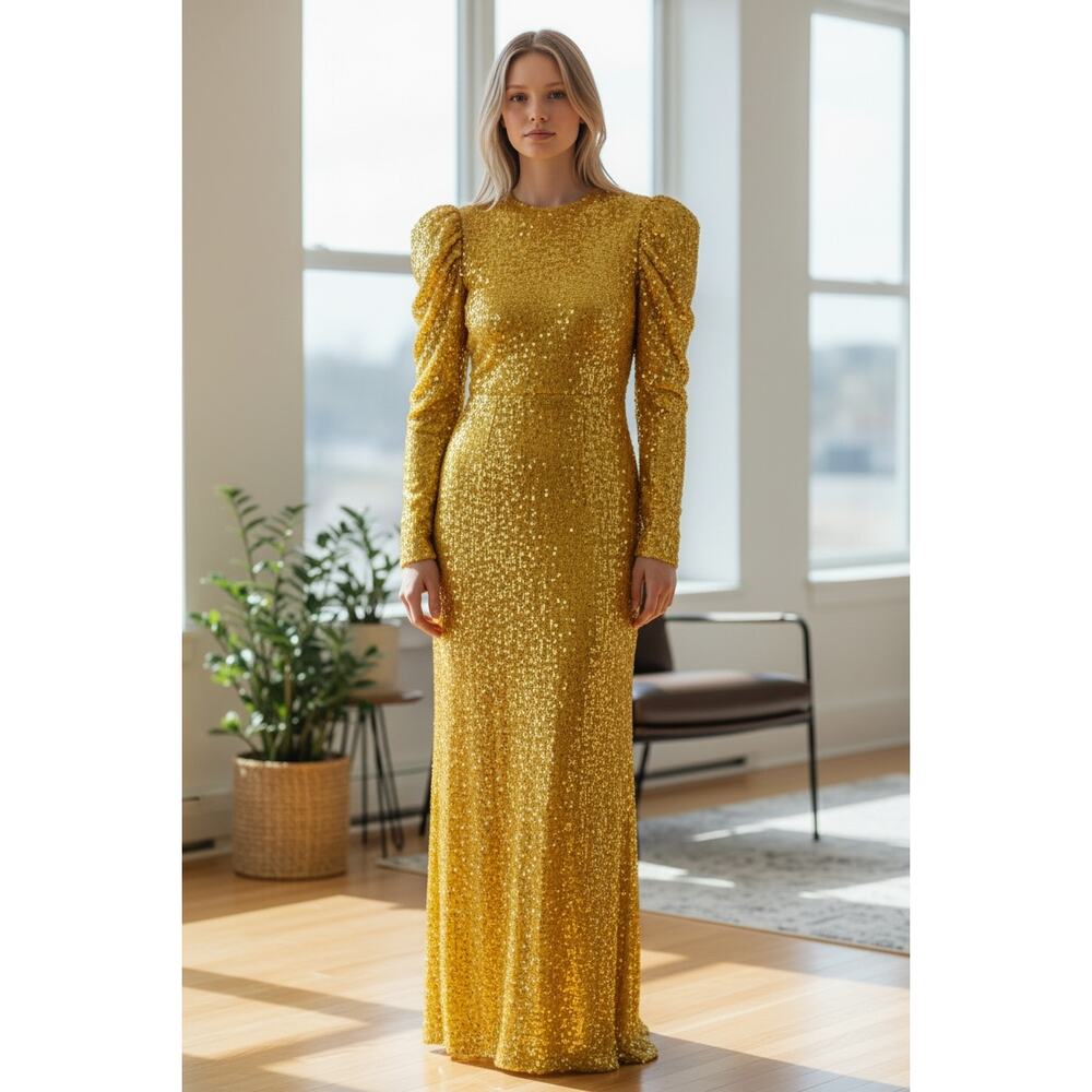 MAC DUGGAL Dress Size 2 Evening Gown Sequin Bright Yellow NEW Long Puff Sleeve
